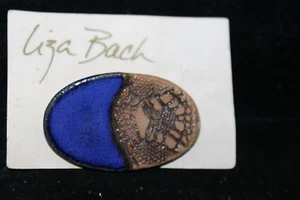 Liza Bach Handmade Costume Jewelry Brooch Dragon Skin Blue Ceramic Gold Accent - Picture 1 of 3