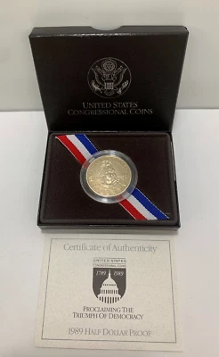 1989 HALF DOLLAR PROOF US Congressional Coin, Triumph of Democracy, US Mint COA - Image 1 of 4