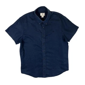 TIMBERLAND Mini Logo Navy Blue Short Sleeve Button-Up Linen Cotton Shirt XL Slim - Picture 1 of 4