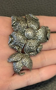 Large Vintage Estate Floral Pin Brooch Silver Textured Flower Pin - Picture 1 of 6