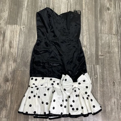 Vestido vintage Gunne Sax Jessica McClintock preto e branco bainha de bolinhas 7/8 - Imagem 1 de 4