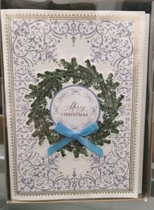 Anna Griffin 3-D WREATH BLUE BOW EMBELLISHED CHRISTMAS CARDS handmade NEW set 10 - Picture 1 of 3