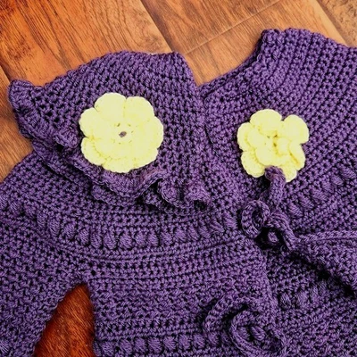 Девочка фиолетовый ручной крючком комплект кардиган свитер ведро шляпа желтый акцент цветок 4 - Изображение 1 из 4