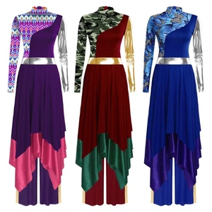 Womens Worship Praise Dance Costume Print Color Block Irregular Dress Dancewear - Picture 1 of 43