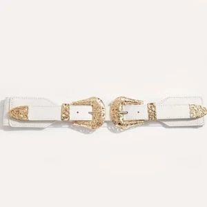 Cinturón blanco elástico doble hebilla occidental filigrana dorada para mujer - Imagen 1 de 4