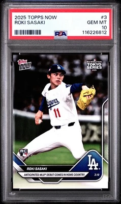 Graded 2025 Topps Now Roki Sasaki #3 Rookie RC Baseball Card PSA 10 Gem Mint - Image 1 of 2