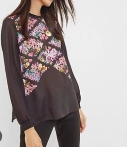 Ted Baker Bluse Damen 1 US XS Hayley schwarz Blumenmuster transparente Ärmel Reißverschluss hinten - Bild 1 von 14