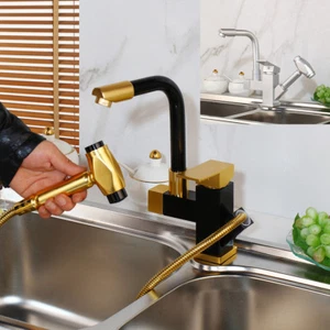 Grifo mezclador grifos rociadores extraíbles con caño giratorio de 2 vías para fregadero de cocina cromado/negro  - Imagen 1 de 38