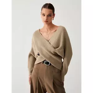 Commense Women's Oversized Cropped Sweater Long Sleeve Knit V-Neck Khaki XS NWT - Picture 1 of 7
