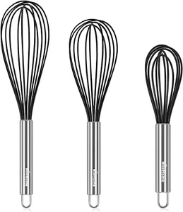 3PCS Whisk Set 8/10/12 in Stainless Steel & Silicone Non-Stick for Cooking Black - Picture 1 of 7