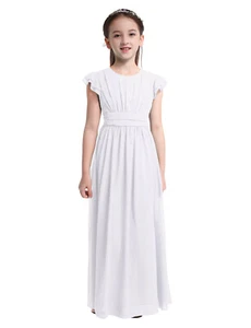 Girls Bridesmaid Pleated Chiffon Flower Girl Short Sleeves Maxi Long Dress - Picture 1 of 52