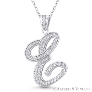 Initial Letter "E" Cursive Script CZ Crystal 925 Sterling Silver Rhodium Pendant - Picture 1 of 1