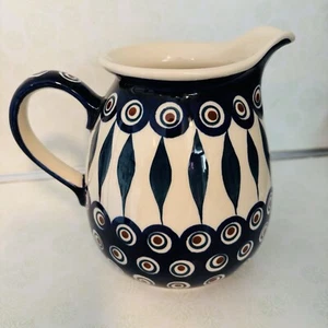 Boleslawiec Polish Handmade Pottery  Polka Dot Peacock Pattern Pitcher 6” Tall - Picture 1 of 10