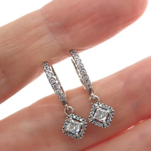 PANDORA 925 Sterling Silver Princess & Round-Cut C Z Hoop Dangle Earrings - Picture 1 of 7