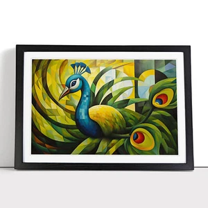 Cuadro póster impresión arte pared lienzo enmarcado cubismo pavo real, decoración del hogar - Imagen 1 de 9