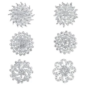 6PCS Crystal Rhinestone Flower Brooch Pins for DIY Wedding Bouquets Crafts - Picture 1 of 6