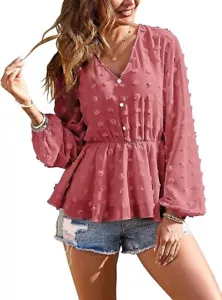 KIRUNDO Women's Long Sleeve Chiffon V-Neck Swiss Dot Peplum Top, Rose Red, XL - Picture 1 of 13