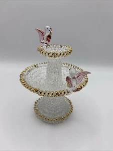 Hand Blown Spun Clear Pink Birds Gold Trim Glass Miniature 2 Tier Bird Birdbath - Picture 1 of 10