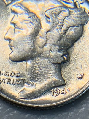 1941-S Mercury Dime ERROR,Large Lamination Before Striking Full B. Ch AU S#36002 - Image 1 of 4