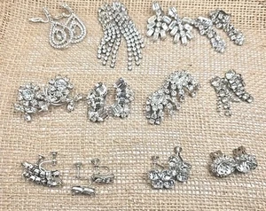 Vintage 11 Pair Lot Ice Rhinestone Earrings Clip On Screw Back Costume Jewelry - Picture 1 of 18