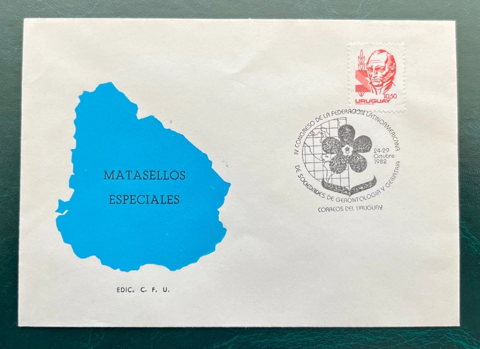 УРУГВАЙ * СПЕЦИАЛЬНЫЙ ПОЧТОВЫЙ ШТЕМПЕЛЬ «ГЕРОНТОЛОГИЯ И ГЕРИАТРИЯ» - ОБЛОЖКА YVERT # 1060 - Изображение 1 из 1