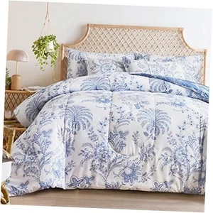 Botanical Bed in a Bag King Size 7 Pieces, Reversible Blue and White Flower - Picture 1 of 8