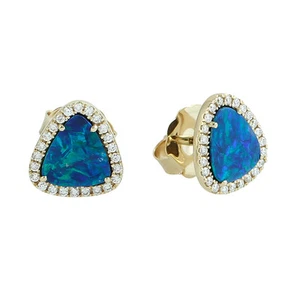 14K Gold Blue Opal Stud Earrings with Diamond Halo Trillion Cut Earrings Women - Picture 1 of 6
