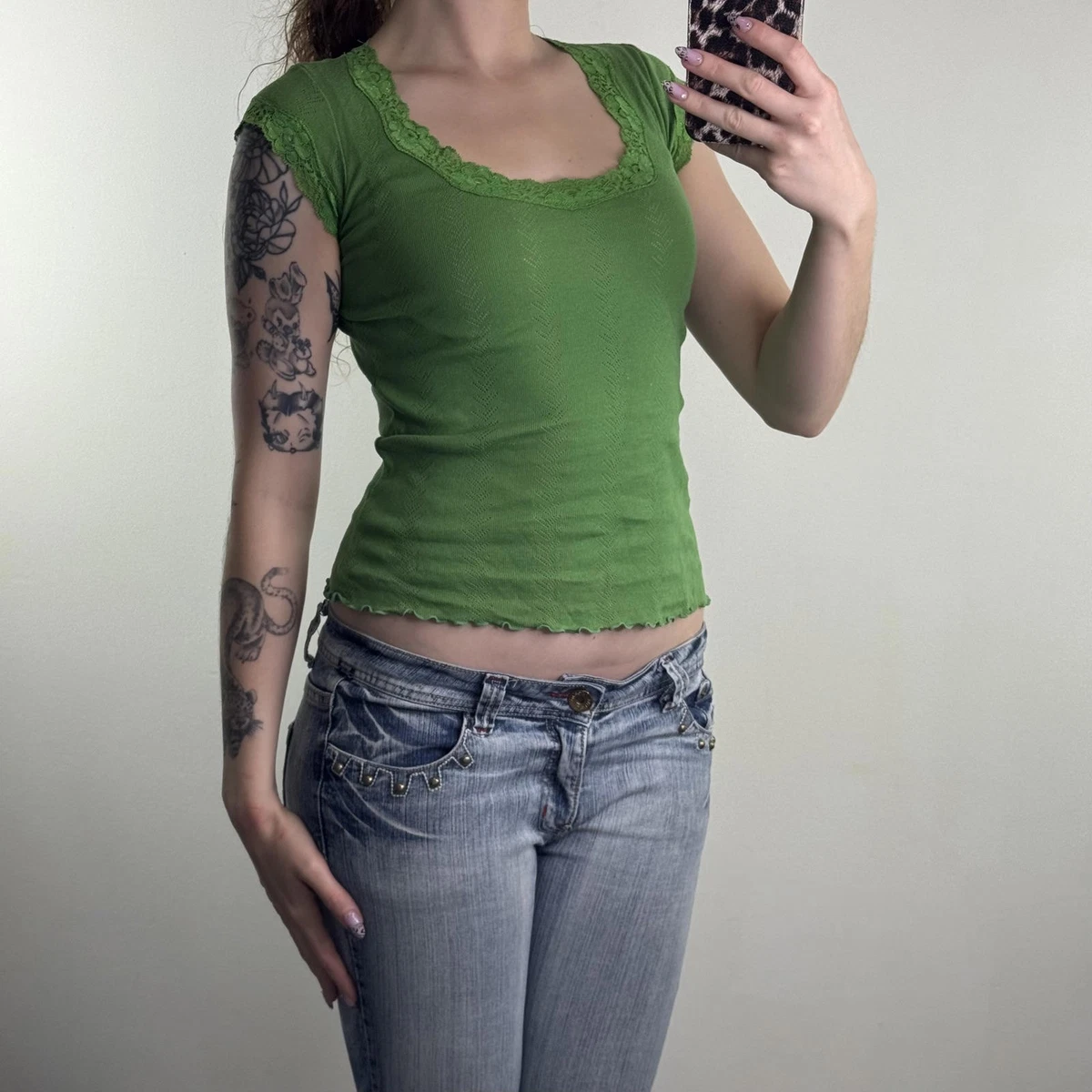 Yuccalley Women's Lace Short Sleeve Crop Top - Round Neck Casual Tee, Army Green, Size Large - View #10
