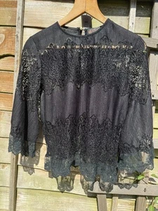QED LONDON Small Gothic Black Sheer Lace Top 3/4 Trumpet Sleeves Lightweight - Picture 1 of 14