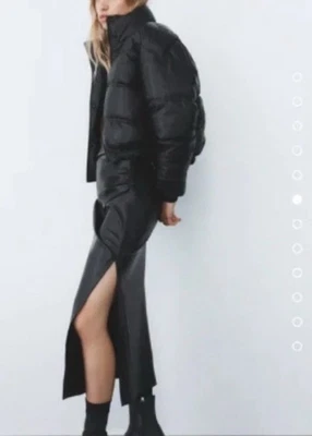 Zara Black Faux Leather Ruched Side Midi Skirt, NWT, S - Image 1 of 4