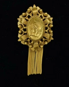 Vintage Mid Century Florenza Gold Toned Fringed Ornate Brooch Pendant 3 in - Picture 1 of 4