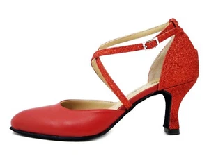 Scarpe Donna da Ballo Pelle e Glitter Rosso Tacco Medio 7 cm MADE IN ITALY - Picture 1 of 5