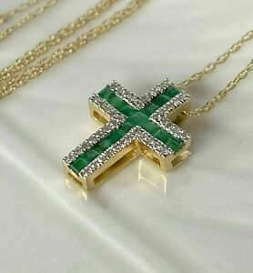 Princess Emerald Diamond 14k Yellow Gold Over Cross Pendant Necklace 18" 3.65Ct