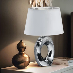 Textil Lampe Nacht-Licht Wohn Zimmer Keramik Schreib Tisch Leuchte silber-weiß - Bild 1 von 8