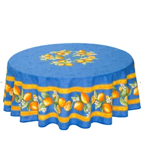 FRENCH PROVENCAL 100% COTTON 71" ROUND TABLECLOTH LEMONS BLUE - MADE IN FRANCE - Picture 1 of 7