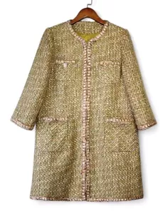 Handmade tweed boucle Multigreen long jacket with golden button size XL(uk14-16) - Picture 1 of 6