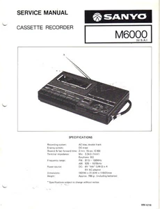 Service Manual Sanyo M6000 Cassette Tape Recorder 1979 - Imagen 1 de 1