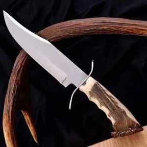 Fixed Blade Bowie Knife Deer Antler, Crown Handle Stainless Steel Hunting Knife - Picture 1 of 7