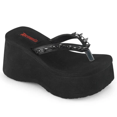 Black Chunky Platform Flip Flops Sandals Punk Goth Spikes Womans Shoes Demonia - Image 1 of 2