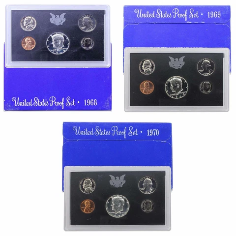 1968 1969 1970 Proof Set Run Original Box 3 Sets 15 Coin Lot US Mint Cover