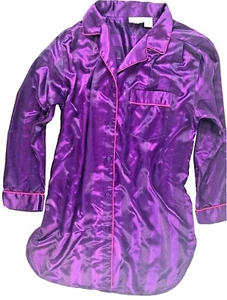 GO SOFTLY Sz S Purple Striped Button Front SLEEPSHIRT Satin GOWN NIGHTGOWN EUC - Picture 1 of 5