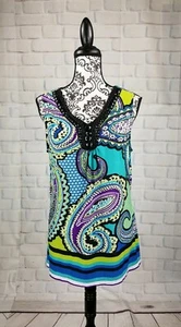 Dressbarn women's sleeveless stretch knit paisley print beaded front top sz L b5 - Picture 1 of 10