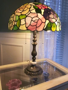 24" Double-Lit-Handcrafted Tiffany Style Floral Bouquet Stained Glass Table Lamp - Picture 1 of 11