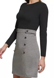 DKNY STRETCH JEWEL NECKLINE LONG SLEEVE HOUNDSTOOTH SKIRT SHEATH DRESS SIZE 14 - Picture 1 of 10