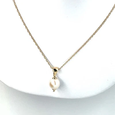 Collar colgante de perlas redondas de oro amarillo de 14k de 7 mm 16" - 1,8 gramos Foto 1 de 4