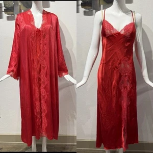 Vintage Shirley Of Hollywood Satin-Silk Feel Sexy Red Long Nightgown & Robe O/S - Picture 1 of 24
