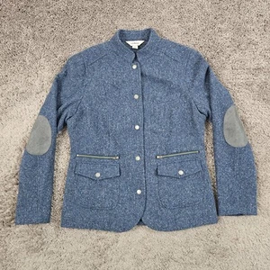 Blazer LL Bean donna piccolo S blu spina di pesce tweed lana seta foderato toppa gomito - Foto 1 di 14
