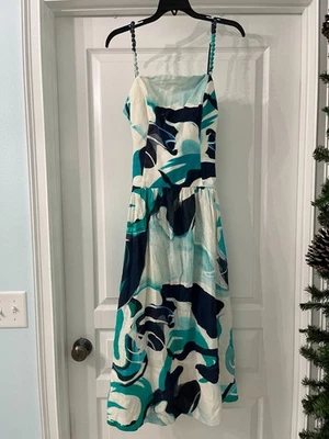 NUEVO CON ETIQUETAS Vestido Christian Lacroix Lino Turquesa y Azul Marino Forrado Talla Pequeña  Foto 1 de 4