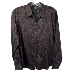 Lauren Ralph Lauren Large Top Dark Paisley Print Long Sleeve Button Up Y2K 413 - Picture 1 of 11