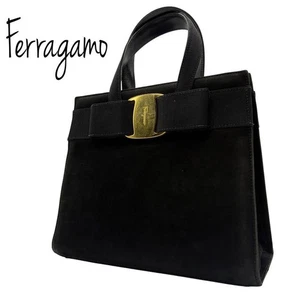 Salvatore Ferragamo Vala Ribbon Leather Handbag Black Gold Hardware Auth - Picture 1 of 10